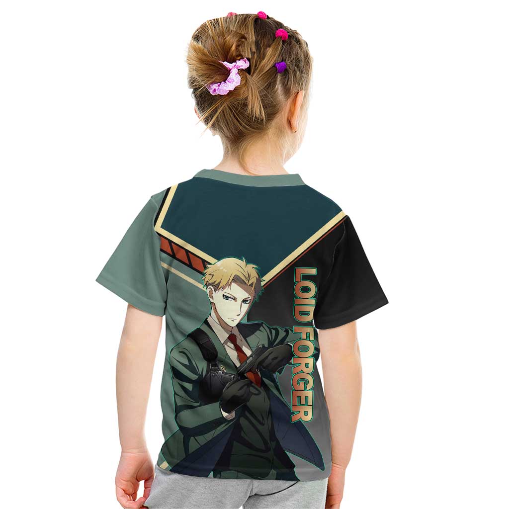 Loid Forger Spy x Family Green and Black Theme Kid T Shirt with Gun Pose and Sharp Agent Style Design - The Mazicc