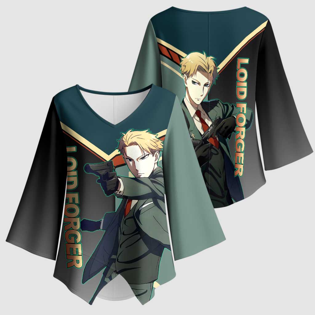 Loid Forger Spy x Family Green and Black Theme Kimono Sleeve Blouse with Gun Pose and Sharp Agent Style Design - The Mazicc