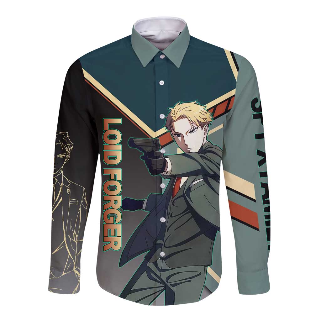 Loid Forger Spy x Family Green and Black Theme Long Sleeve Button Shirt with Gun Pose and Sharp Agent Style Design - The Mazicc
