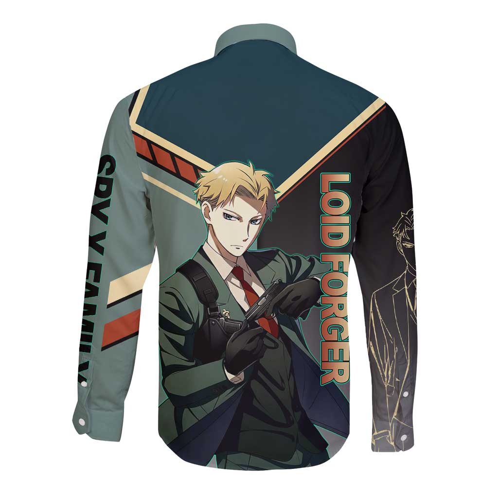 Loid Forger Spy x Family Green and Black Theme Long Sleeve Button Shirt with Gun Pose and Sharp Agent Style Design - The Mazicc