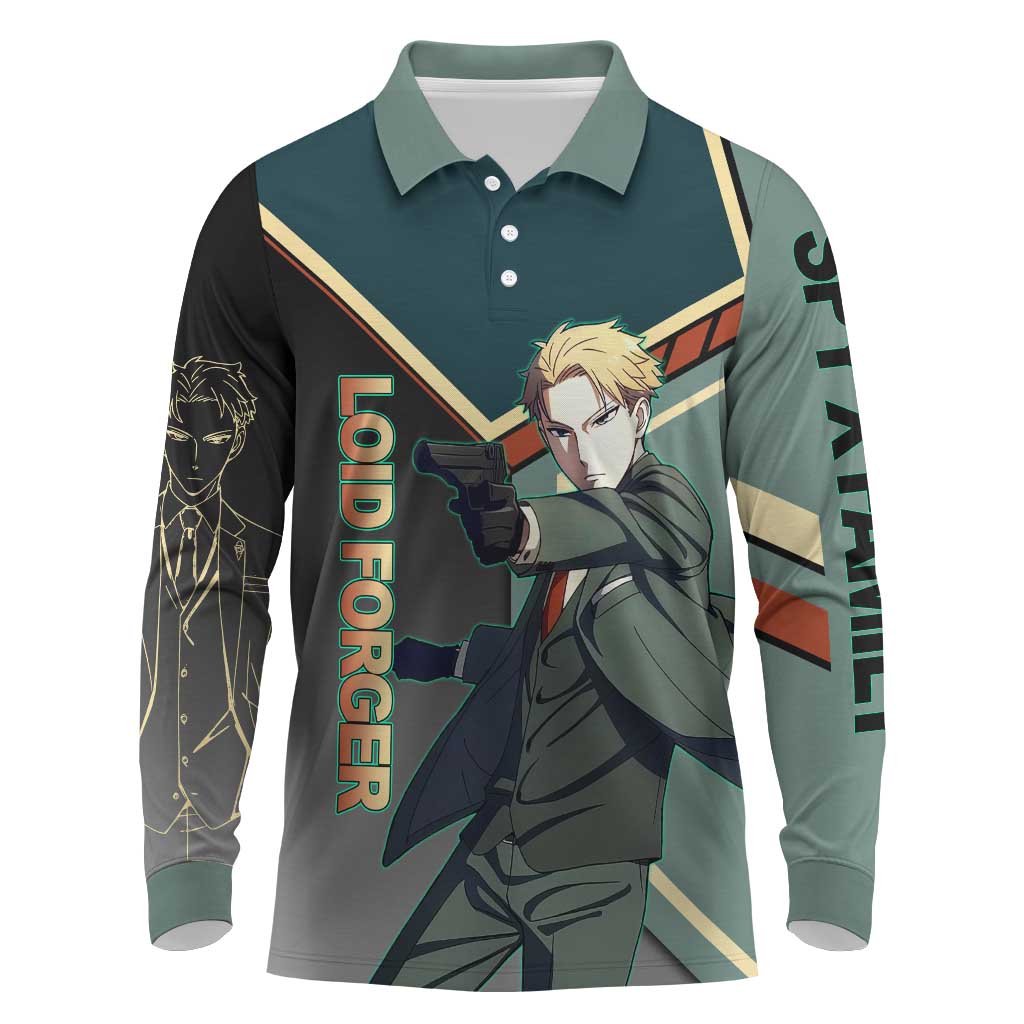 Loid Forger Spy x Family Green and Black Theme Long Sleeve Polo Shirt with Gun Pose and Sharp Agent Style Design - The Mazicc