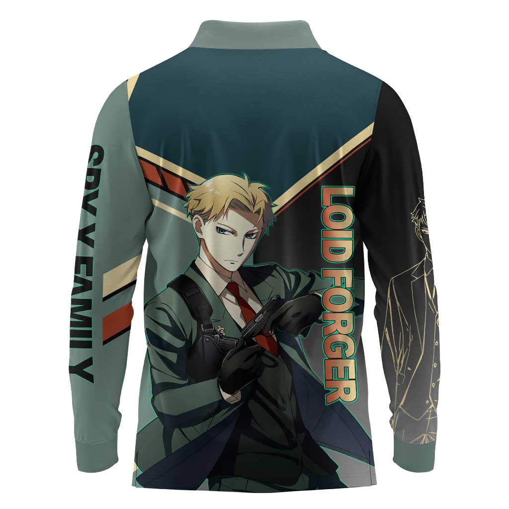 Loid Forger Spy x Family Green and Black Theme Long Sleeve Polo Shirt with Gun Pose and Sharp Agent Style Design - The Mazicc