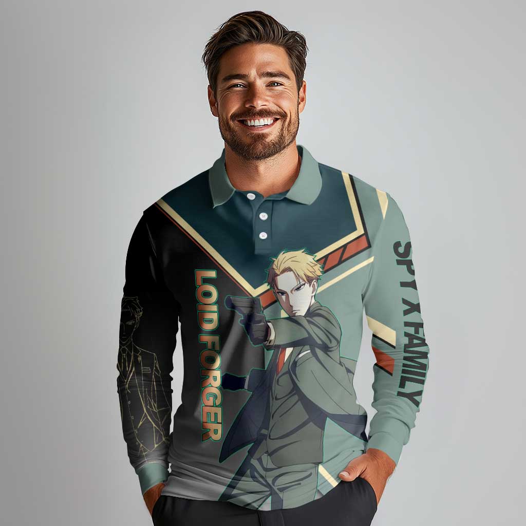 Loid Forger Spy x Family Green and Black Theme Long Sleeve Polo Shirt with Gun Pose and Sharp Agent Style Design - The Mazicc