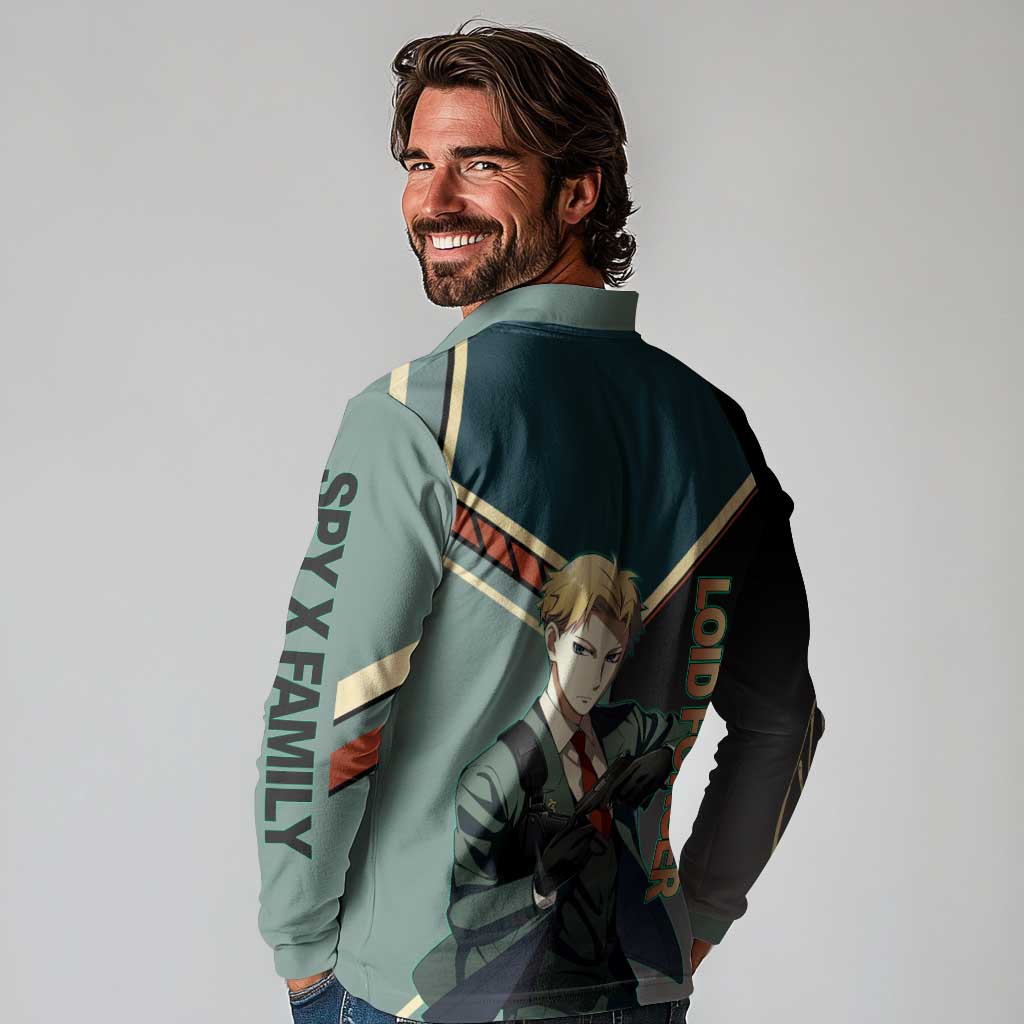 Loid Forger Spy x Family Green and Black Theme Long Sleeve Polo Shirt with Gun Pose and Sharp Agent Style Design - The Mazicc