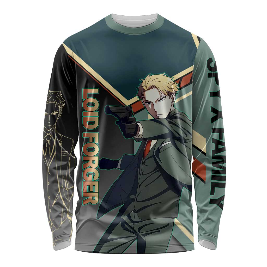 Loid Forger Spy x Family Green and Black Theme Long Sleeve Shirt with Gun Pose and Sharp Agent Style Design - The Mazicc