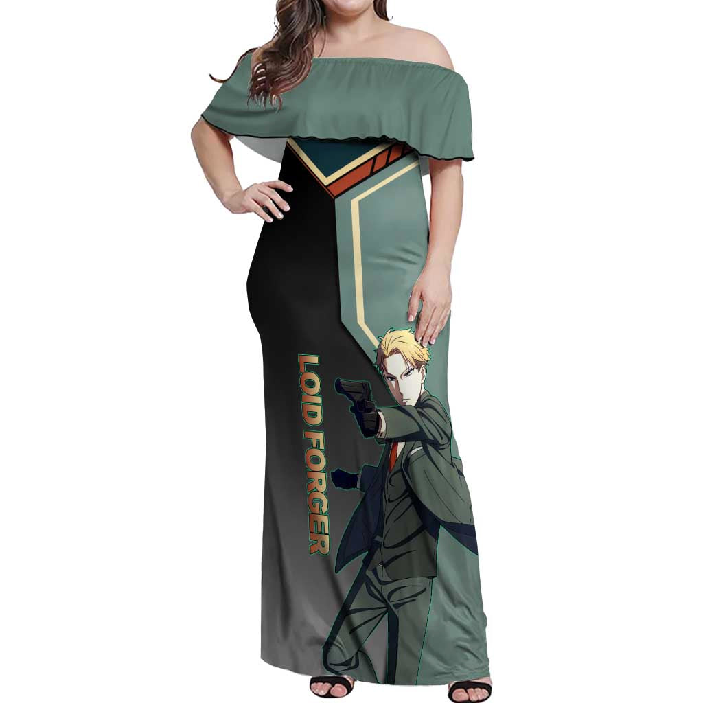 Loid Forger Spy x Family Green and Black Theme Off Shoulder Maxi Dress with Gun Pose and Sharp Agent Style Design - The Mazicc