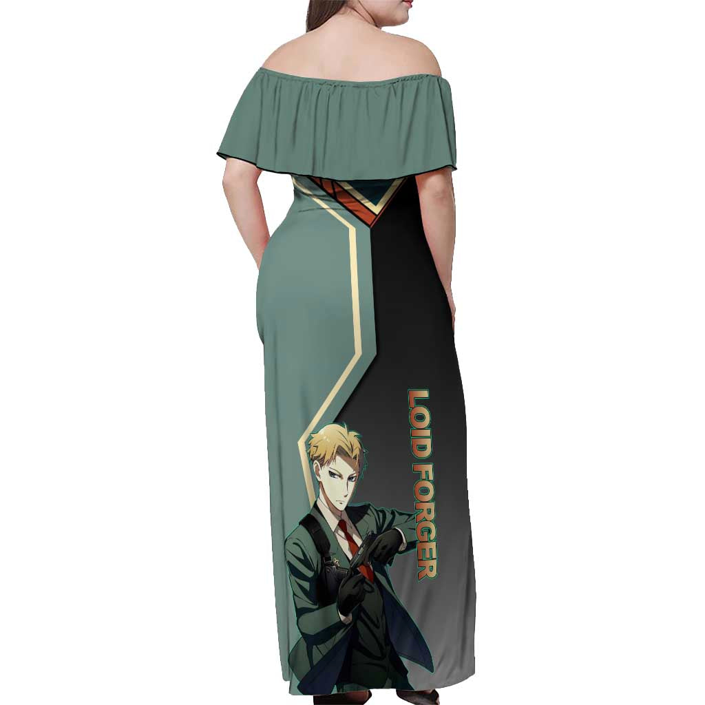 Loid Forger Spy x Family Green and Black Theme Off Shoulder Maxi Dress with Gun Pose and Sharp Agent Style Design - The Mazicc