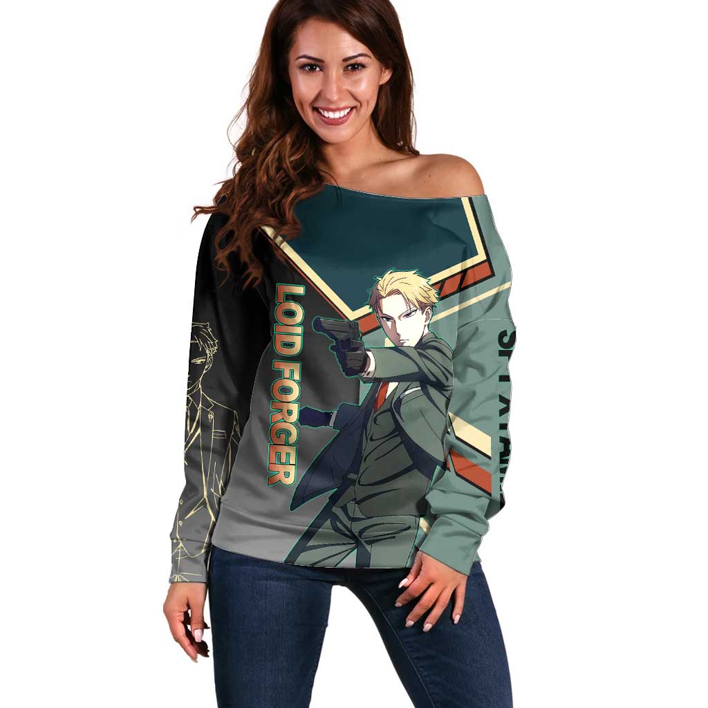 Loid Forger Spy x Family Green and Black Theme Off Shoulder Sweater with Gun Pose and Sharp Agent Style Design - The Mazicc
