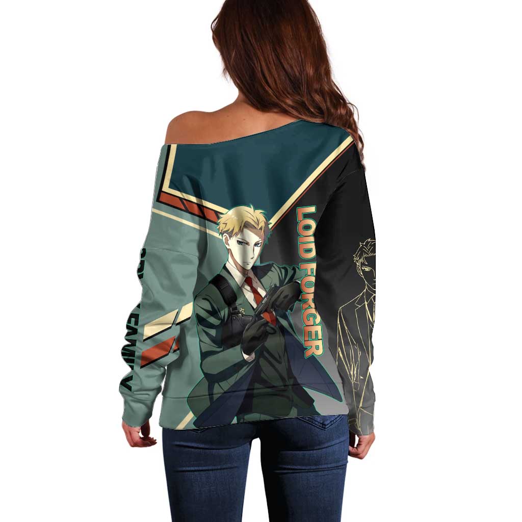 Loid Forger Spy x Family Green and Black Theme Off Shoulder Sweater with Gun Pose and Sharp Agent Style Design - The Mazicc