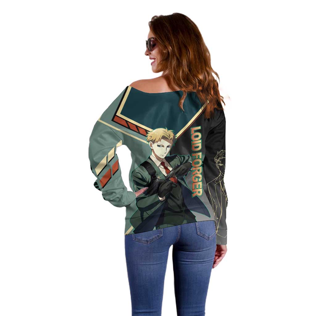 Loid Forger Spy x Family Green and Black Theme Off Shoulder Sweater with Gun Pose and Sharp Agent Style Design - The Mazicc