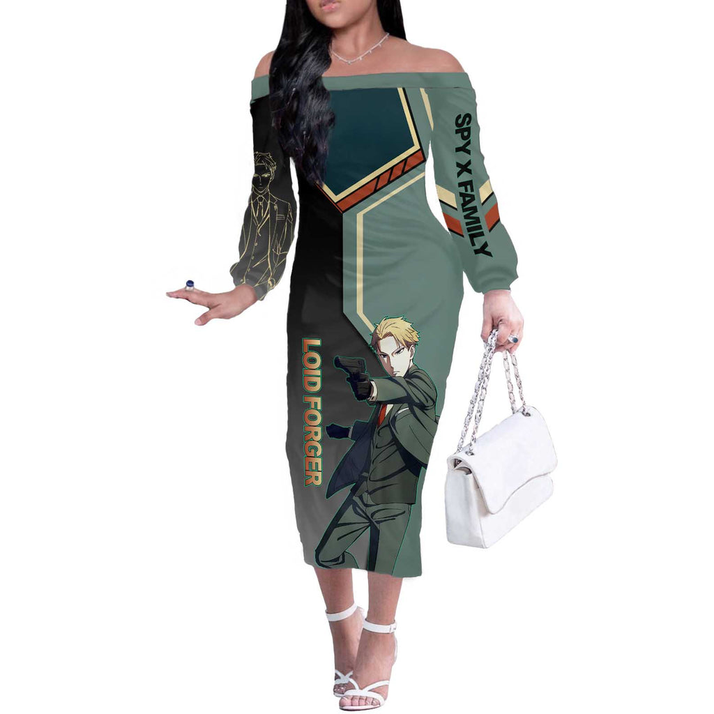 Loid Forger Spy x Family Green and Black Theme Off The Shoulder Long Sleeve Dress with Gun Pose and Sharp Agent Style Design - The Mazicc
