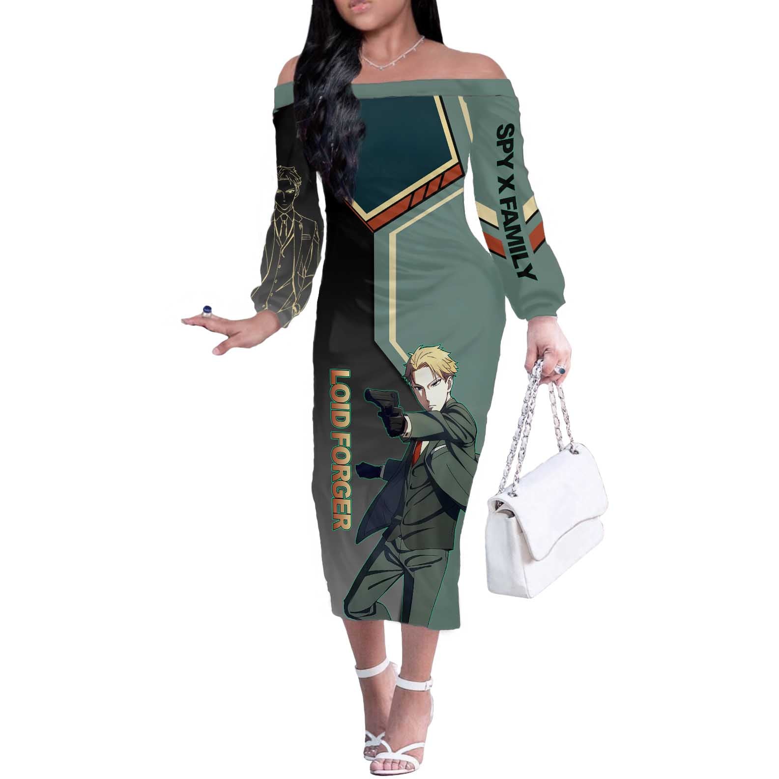 Loid Forger Spy x Family Green and Black Theme Off The Shoulder Long Sleeve Dress with Gun Pose and Sharp Agent Style Design - The Mazicc