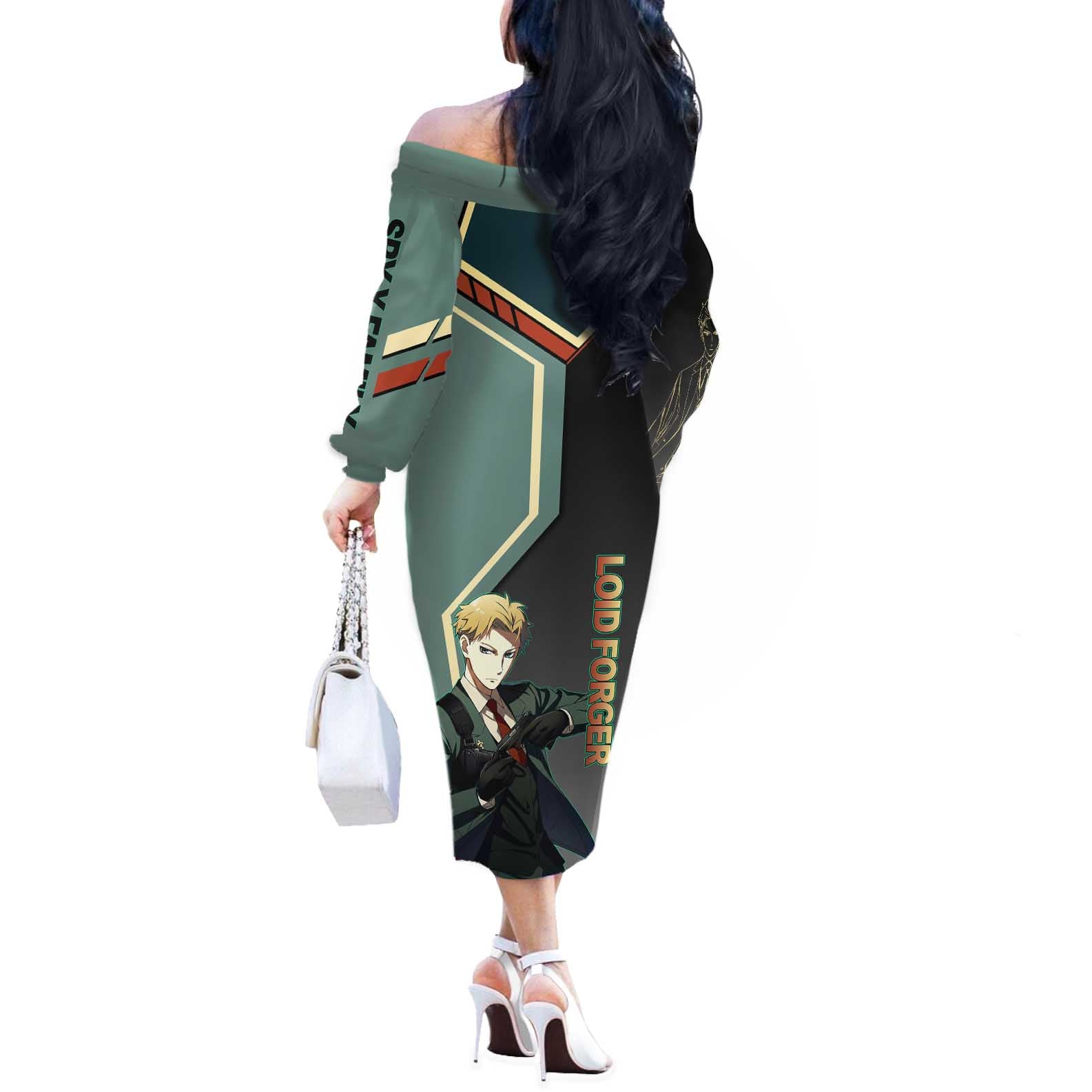 Loid Forger Spy x Family Green and Black Theme Off The Shoulder Long Sleeve Dress with Gun Pose and Sharp Agent Style Design - The Mazicc