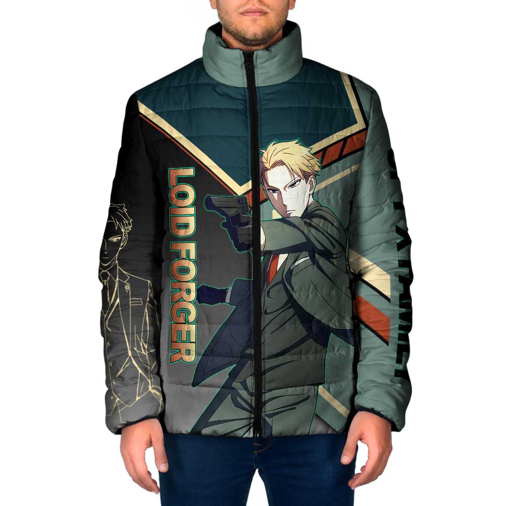 Loid Forger Spy x Family Green and Black Theme Padded Jacket with Gun Pose and Sharp Agent Style Design - The Mazicc