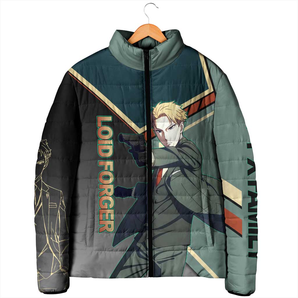 Loid Forger Spy x Family Green and Black Theme Padded Jacket with Gun Pose and Sharp Agent Style Design - The Mazicc