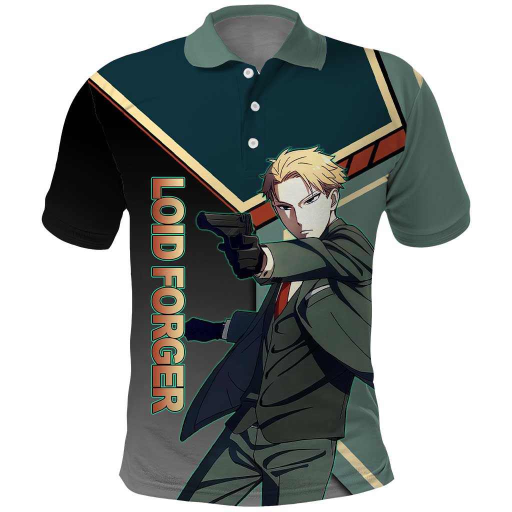 Loid Forger Spy x Family Green and Black Theme Polo Shirt with Gun Pose and Sharp Agent Style Design - The Mazicc
