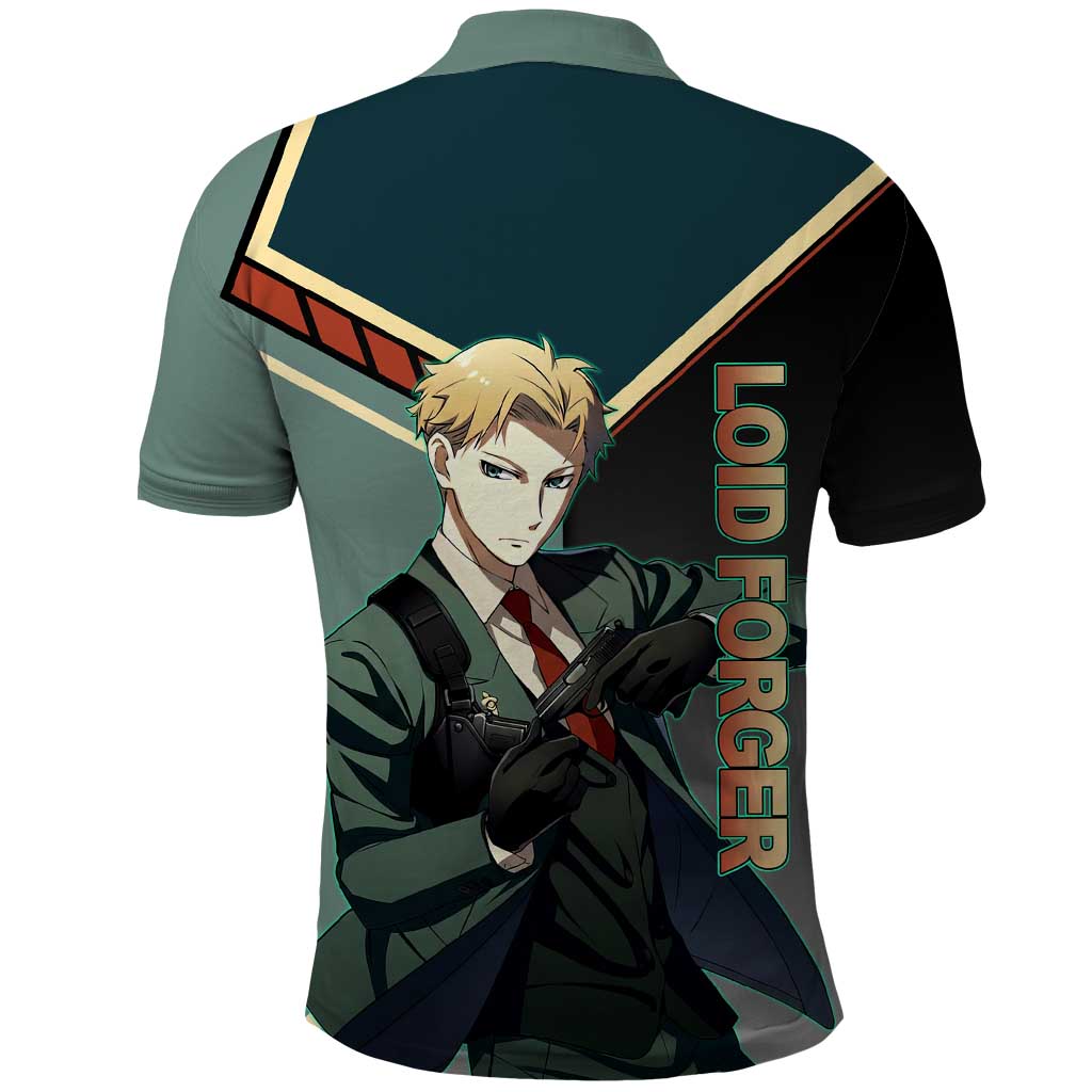 Loid Forger Spy x Family Green and Black Theme Polo Shirt with Gun Pose and Sharp Agent Style Design - The Mazicc