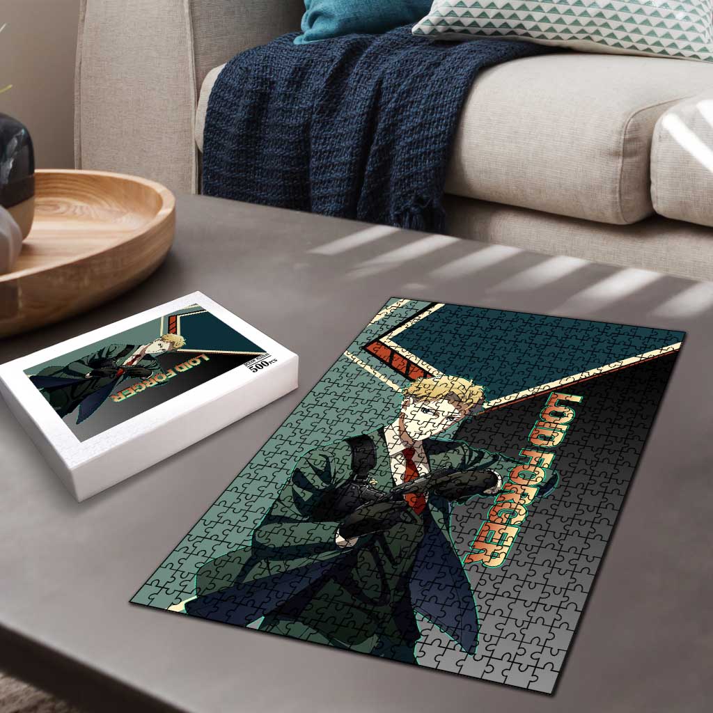 Loid Forger Spy x Family Green and Black Theme Puzzle with Gun Pose and Sharp Agent Style Design - The Mazicc