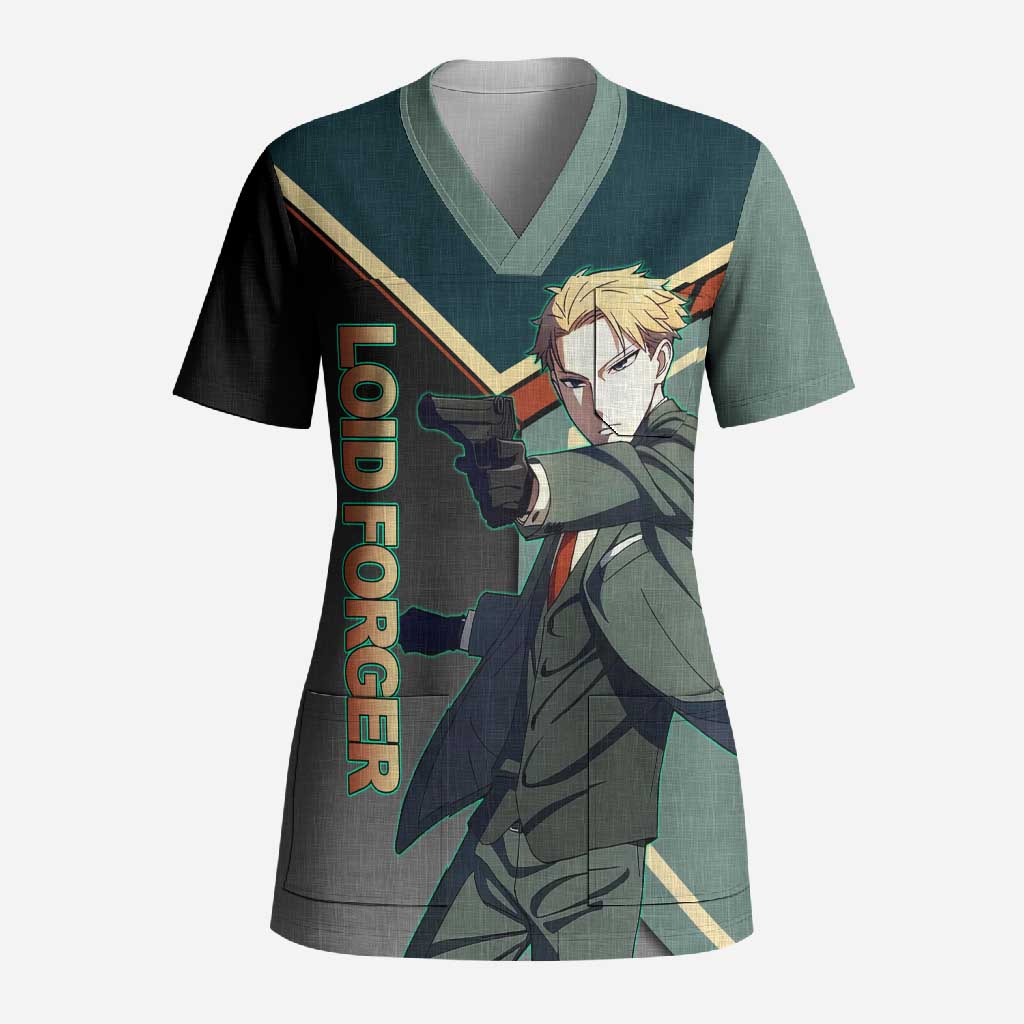 Loid Forger Spy x Family Green and Black Theme Scrub Top with Gun Pose and Sharp Agent Style Design - The Mazicc
