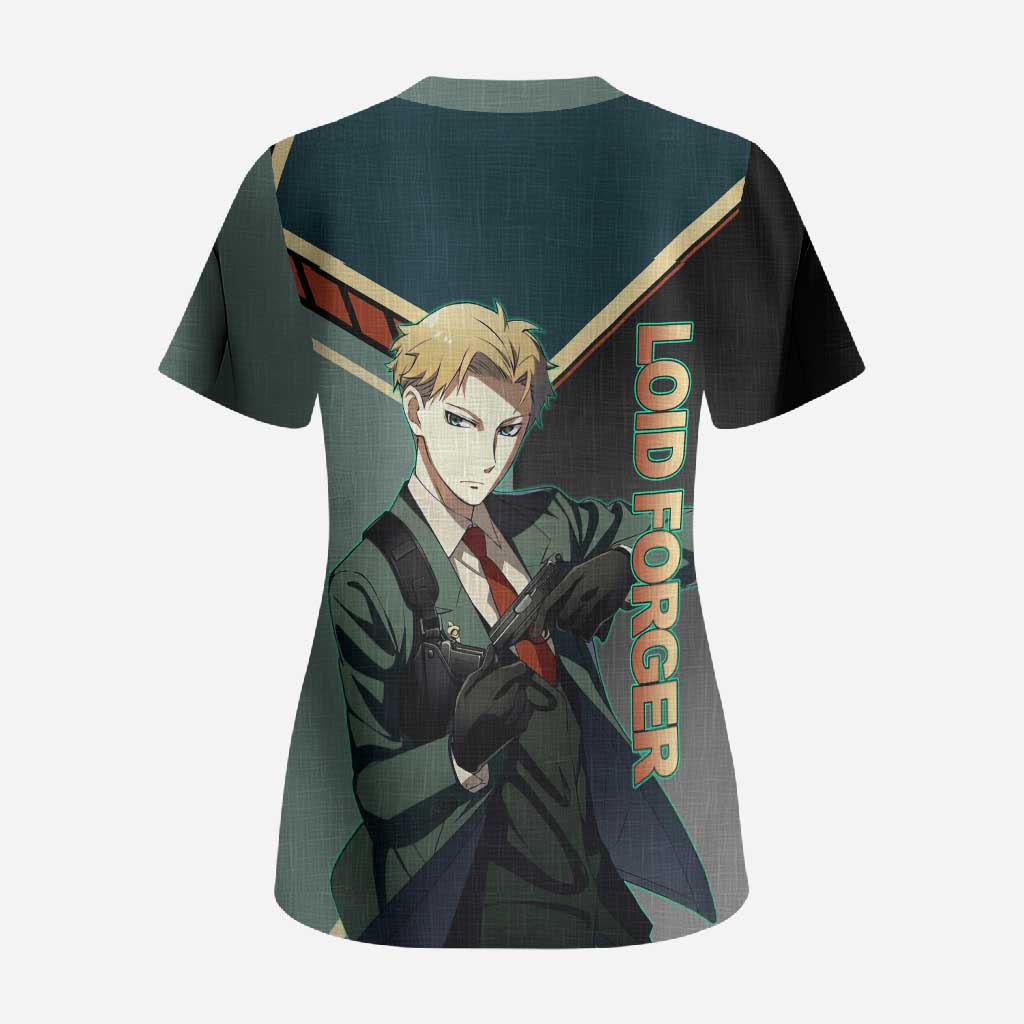 Loid Forger Spy x Family Green and Black Theme Scrub Top with Gun Pose and Sharp Agent Style Design - The Mazicc