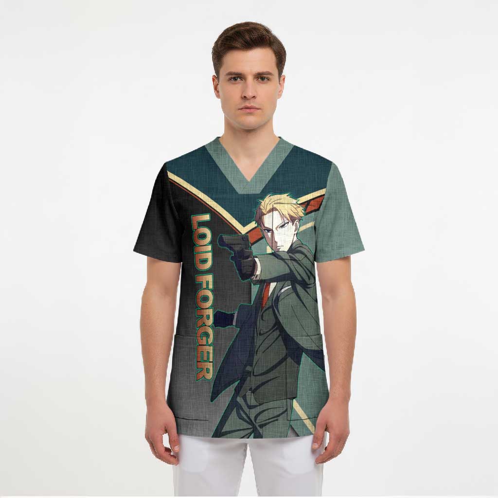 Loid Forger Spy x Family Green and Black Theme Scrub Top with Gun Pose and Sharp Agent Style Design - The Mazicc