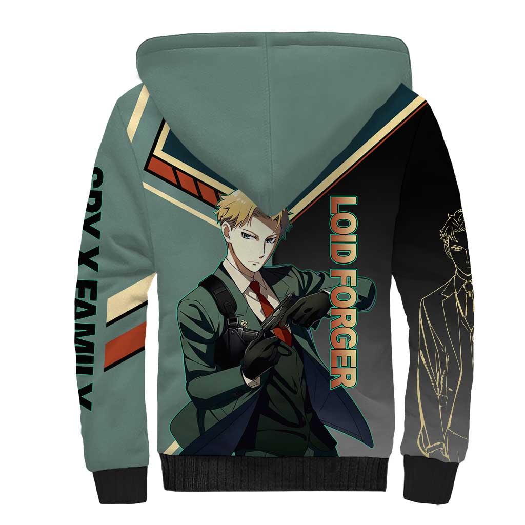 Loid Forger Spy x Family Green and Black Theme Sherpa Hoodie with Gun Pose and Sharp Agent Style Design - The Mazicc