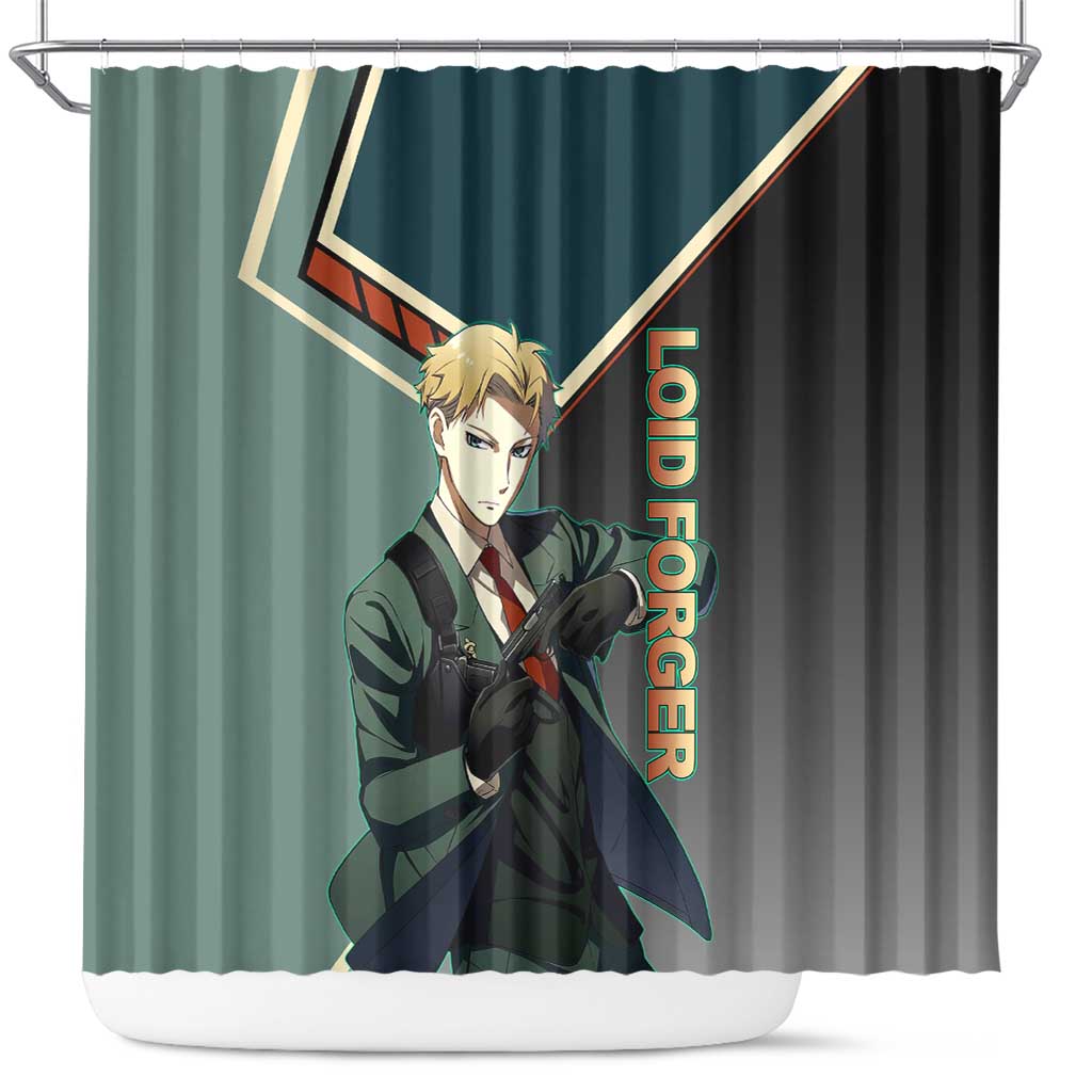 Loid Forger Spy x Family Green and Black Theme Shower Curtain with Gun Pose and Sharp Agent Style Design - The Mazicc
