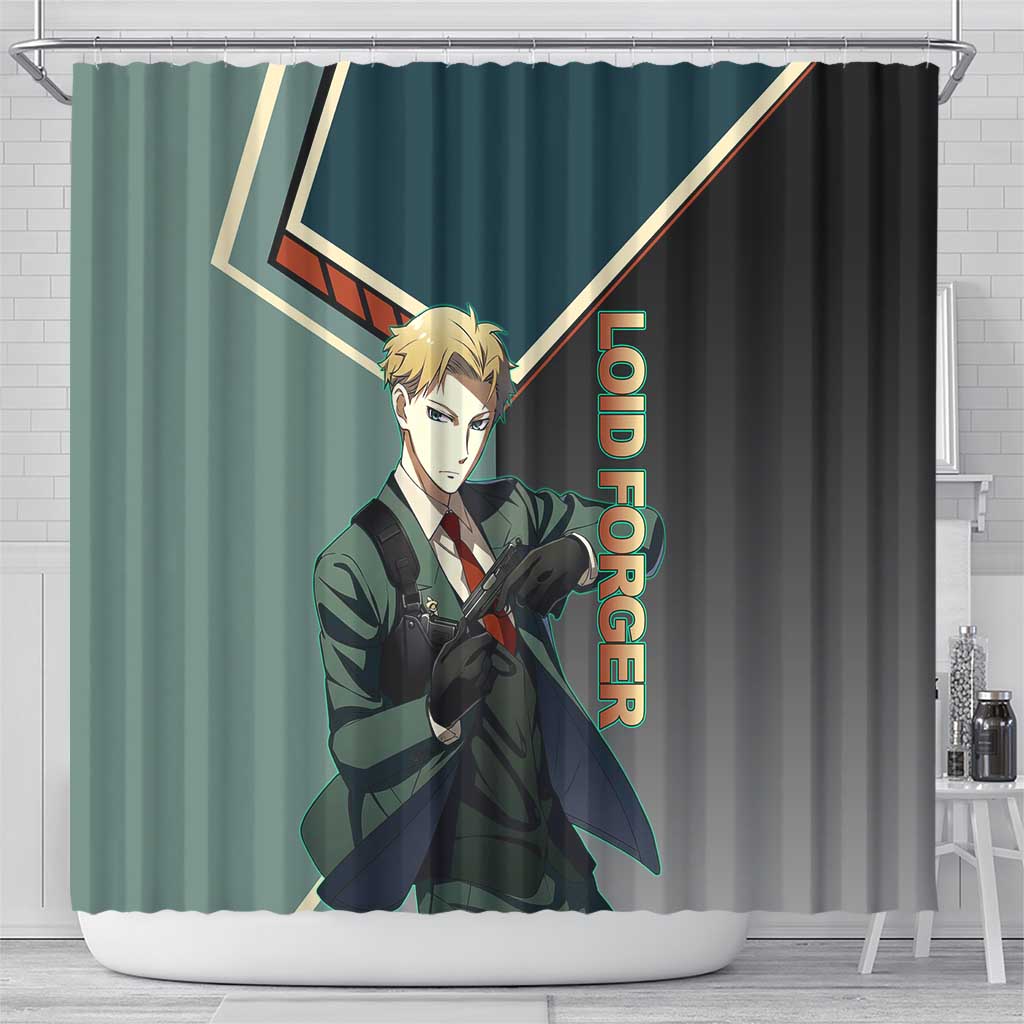 Loid Forger Spy x Family Green and Black Theme Shower Curtain with Gun Pose and Sharp Agent Style Design - The Mazicc