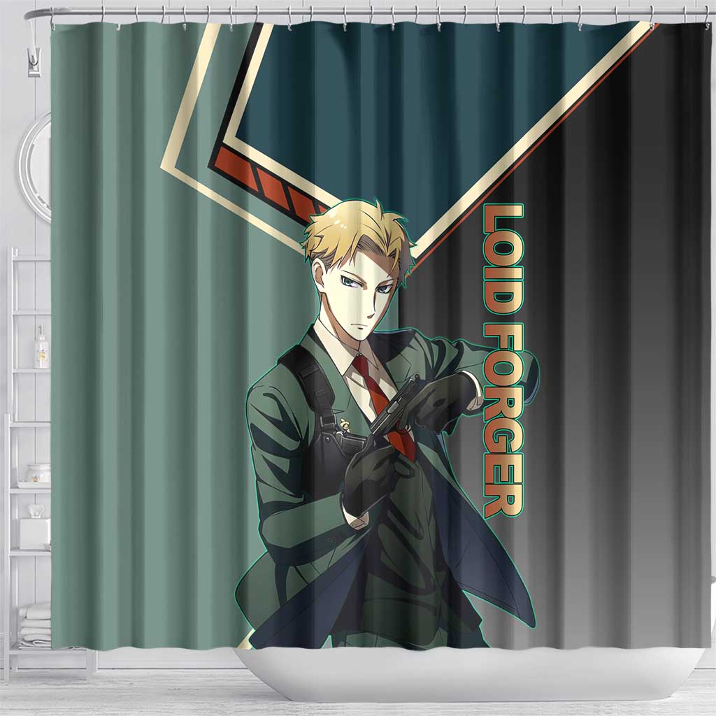 Loid Forger Spy x Family Green and Black Theme Shower Curtain with Gun Pose and Sharp Agent Style Design - The Mazicc
