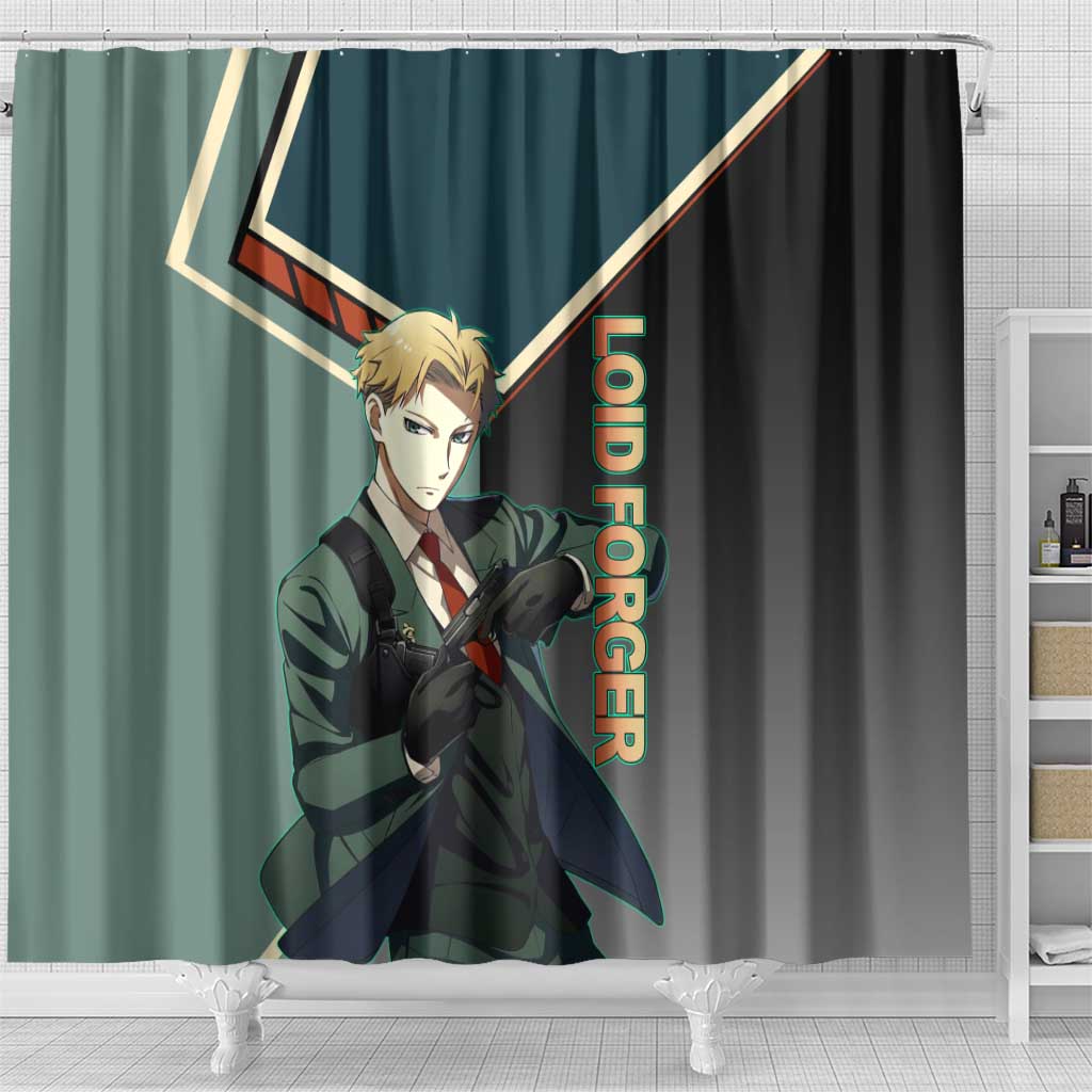 Loid Forger Spy x Family Green and Black Theme Shower Curtain with Gun Pose and Sharp Agent Style Design - The Mazicc