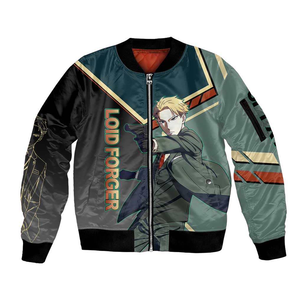Loid Forger Spy x Family Green and Black Theme Sleeve Zip Bomber Jacket with Gun Pose and Sharp Agent Style Design - The Mazicc