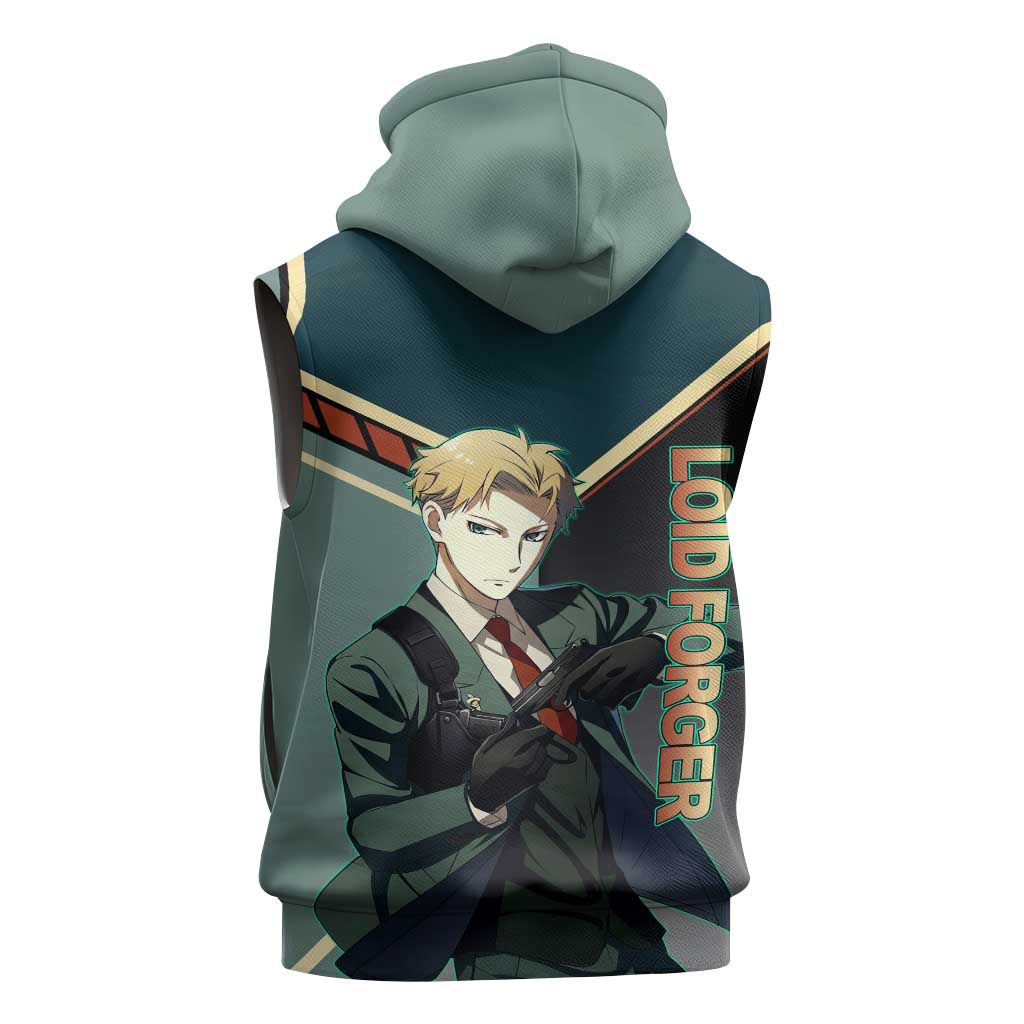 Loid Forger Spy x Family Green and Black Theme Sleeveless Hoodie with Gun Pose and Sharp Agent Style Design - The Mazicc