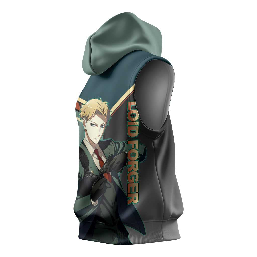 Loid Forger Spy x Family Green and Black Theme Sleeveless Hoodie with Gun Pose and Sharp Agent Style Design - The Mazicc