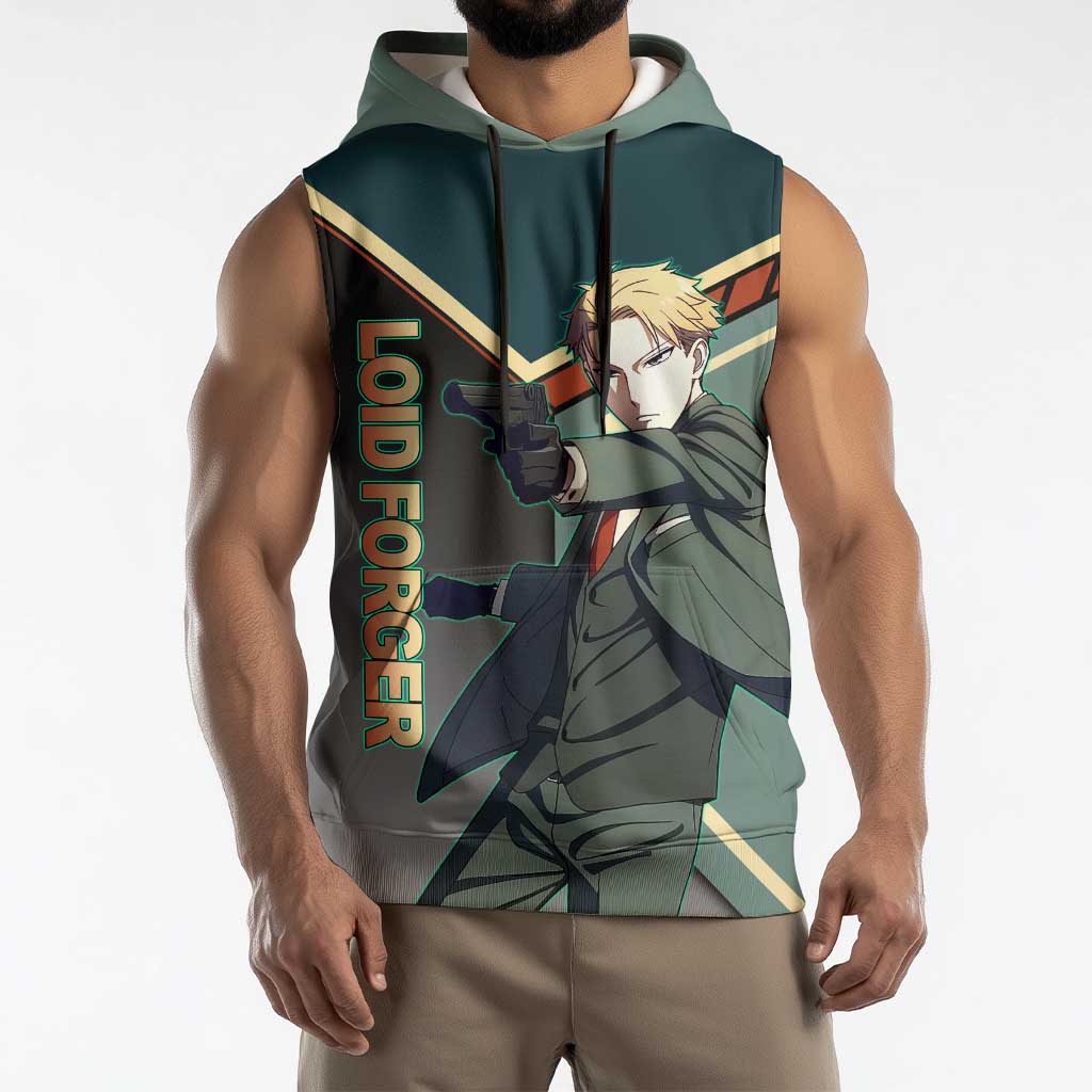 Loid Forger Spy x Family Green and Black Theme Sleeveless Hoodie with Gun Pose and Sharp Agent Style Design - The Mazicc