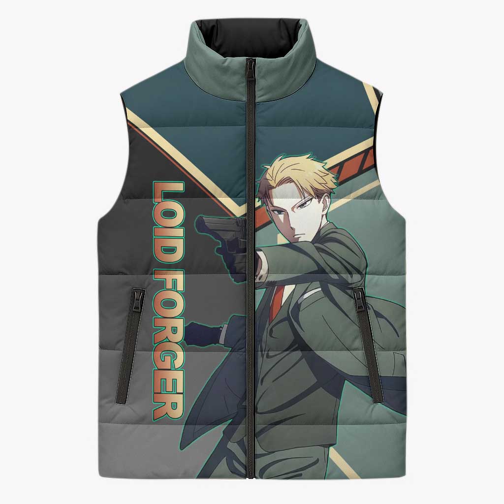 Loid Forger Spy x Family Green and Black Theme Sleeveless Puffer Jacket with Gun Pose and Sharp Agent Style Design - The Mazicc
