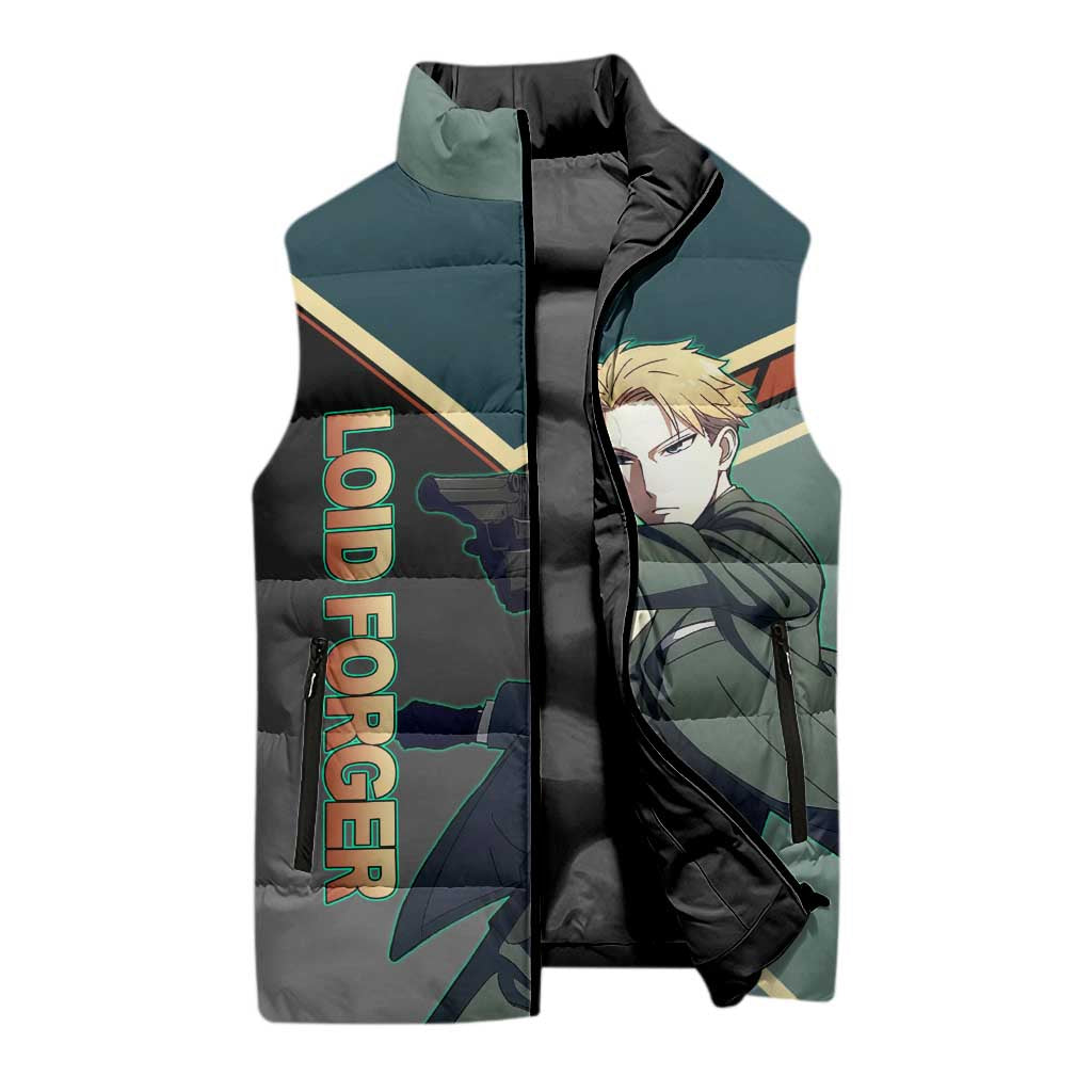 Loid Forger Spy x Family Green and Black Theme Sleeveless Puffer Jacket with Gun Pose and Sharp Agent Style Design - The Mazicc