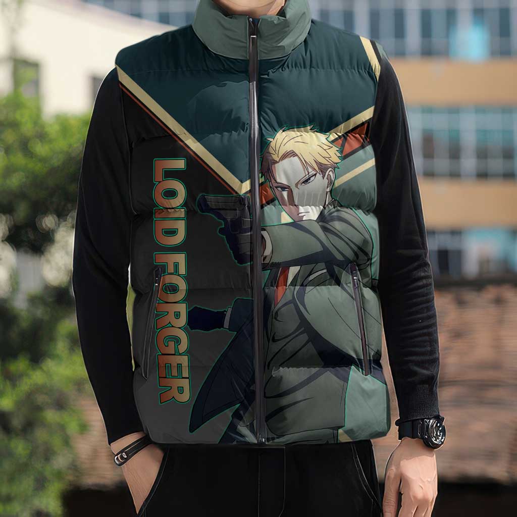 Loid Forger Spy x Family Green and Black Theme Sleeveless Puffer Jacket with Gun Pose and Sharp Agent Style Design - The Mazicc