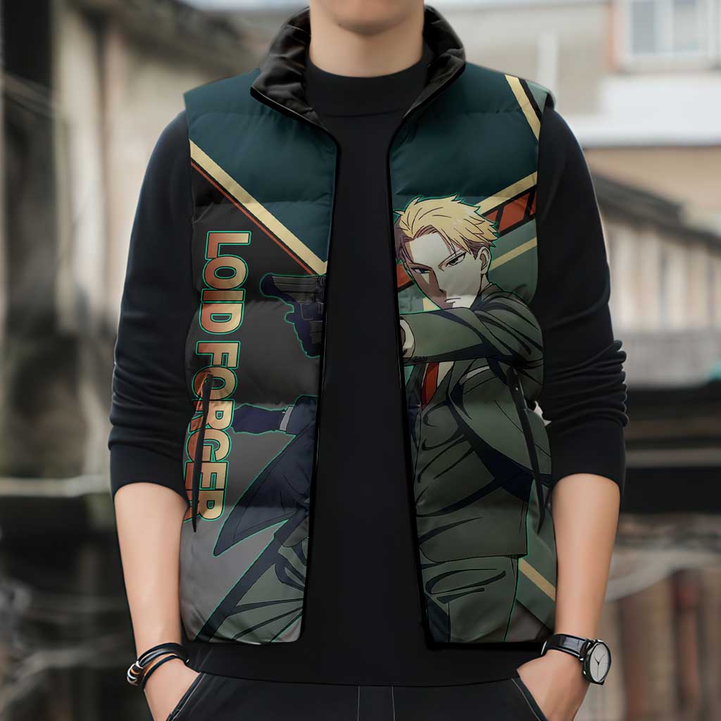 Loid Forger Spy x Family Green and Black Theme Sleeveless Puffer Jacket with Gun Pose and Sharp Agent Style Design - The Mazicc