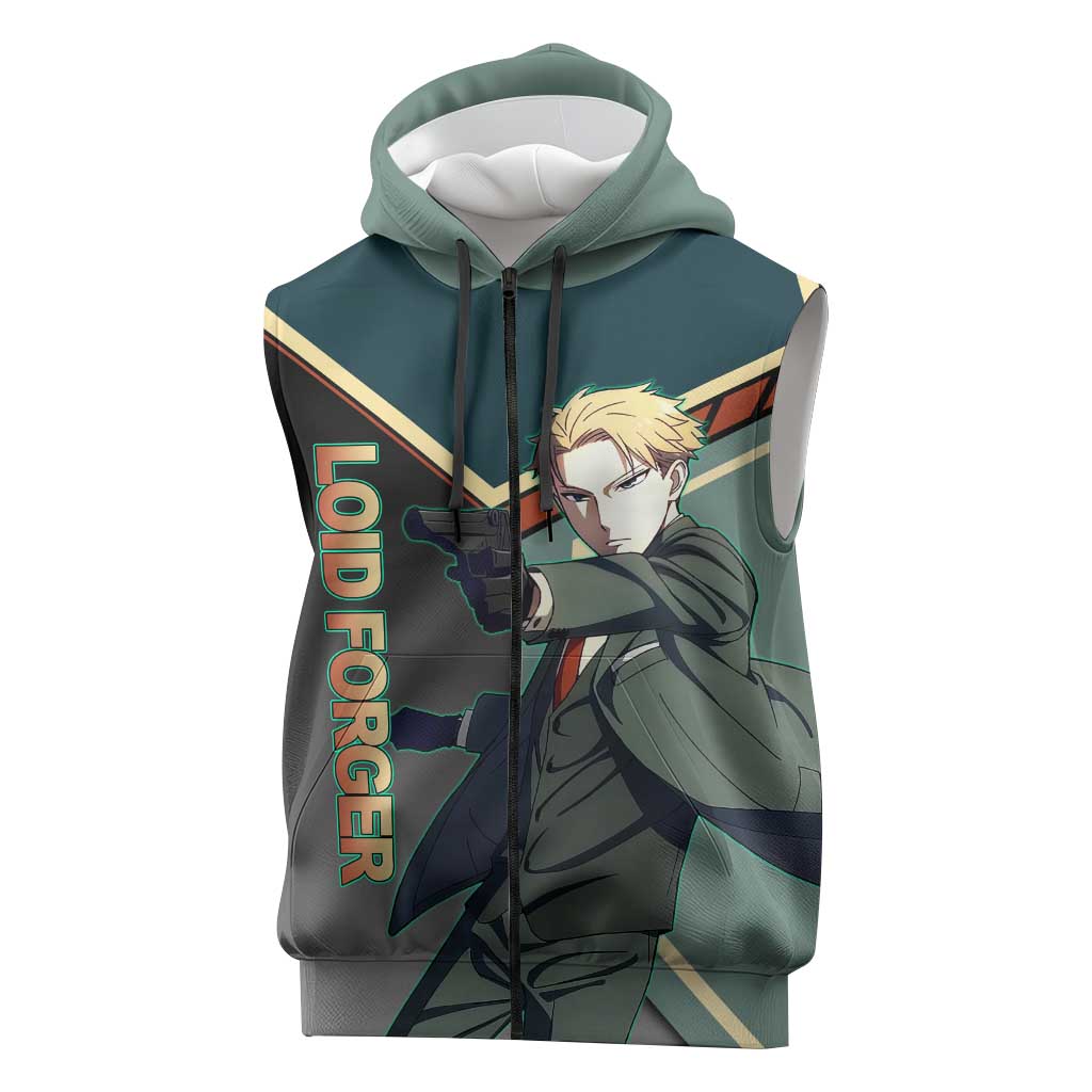 Loid Forger Spy x Family Green and Black Theme Sleeveless Zip Hoodie with Gun Pose and Sharp Agent Style Design - The Mazicc