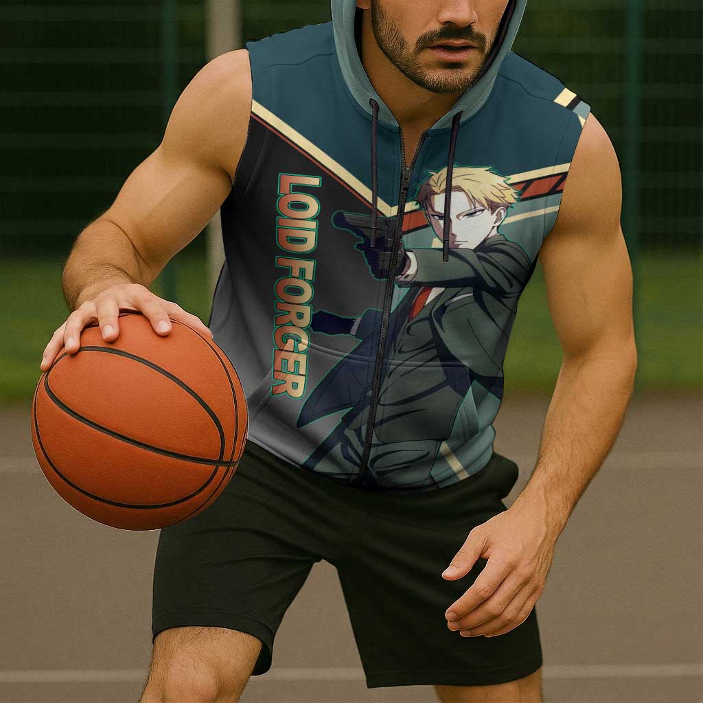 Loid Forger Spy x Family Green and Black Theme Sleeveless Zip Hoodie with Gun Pose and Sharp Agent Style Design - The Mazicc