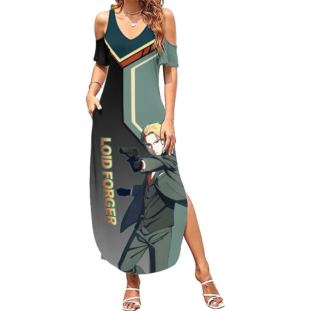 Loid Forger Spy x Family Green and Black Theme Summer Maxi Dress with Gun Pose and Sharp Agent Style Design - The Mazicc