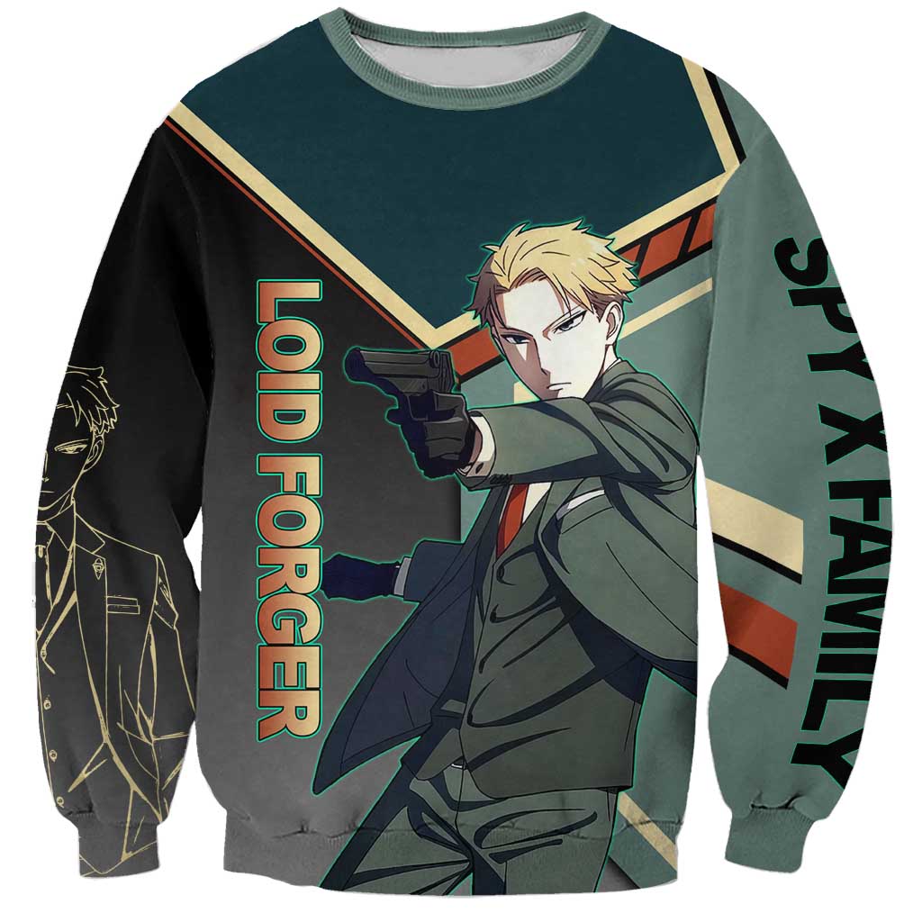 Loid Forger Spy x Family Green and Black Theme Sweatshirt with Gun Pose and Sharp Agent Style Design - The Mazicc