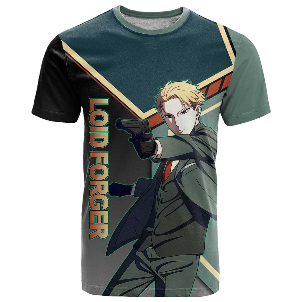 Loid Forger Spy x Family Green and Black Theme T Shirt with Gun Pose and Sharp Agent Style Design - The Mazicc