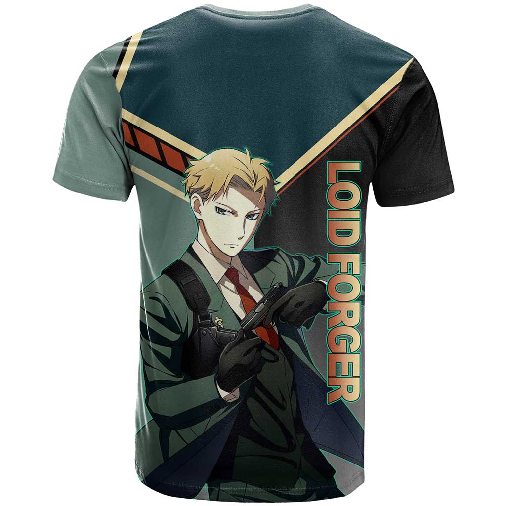 Loid Forger Spy x Family Green and Black Theme T Shirt with Gun Pose and Sharp Agent Style Design - The Mazicc