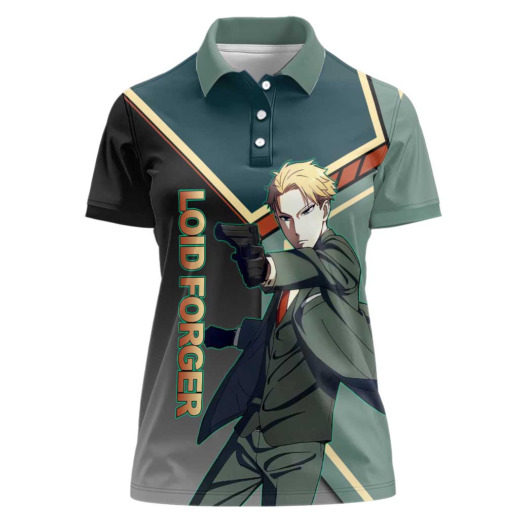Loid Forger Spy x Family Green and Black Theme Women Polo Shirt with Gun Pose and Sharp Agent Style Design - The Mazicc