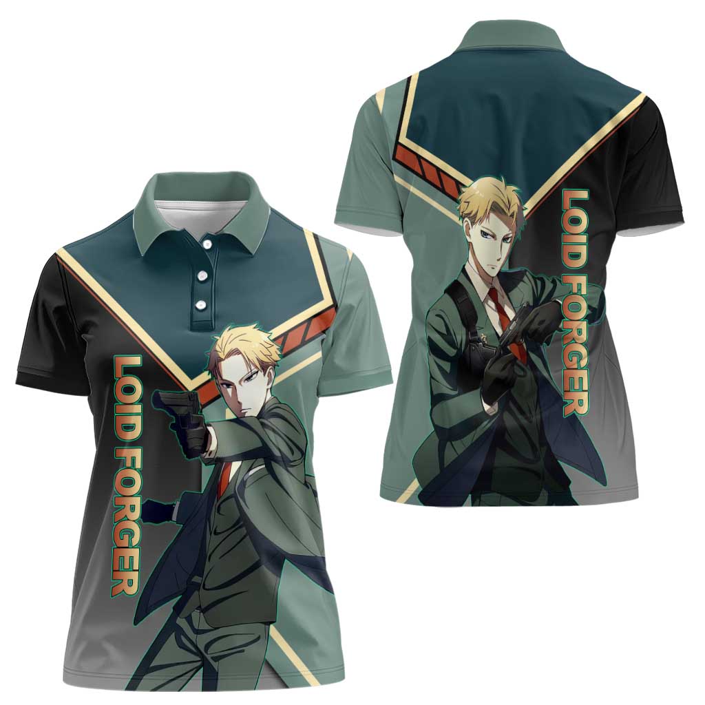 Loid Forger Spy x Family Green and Black Theme Women Polo Shirt with Gun Pose and Sharp Agent Style Design - The Mazicc