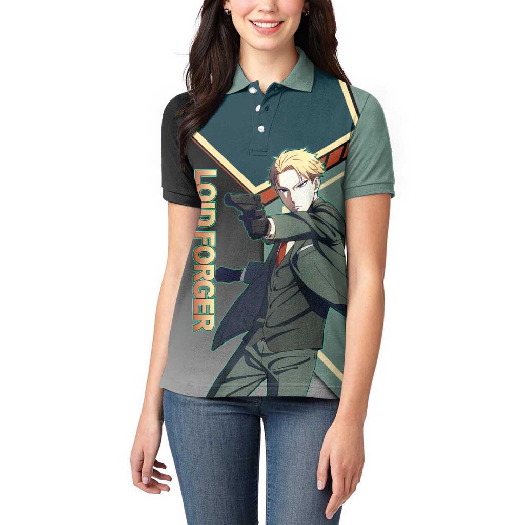 Loid Forger Spy x Family Green and Black Theme Women Polo Shirt with Gun Pose and Sharp Agent Style Design - The Mazicc