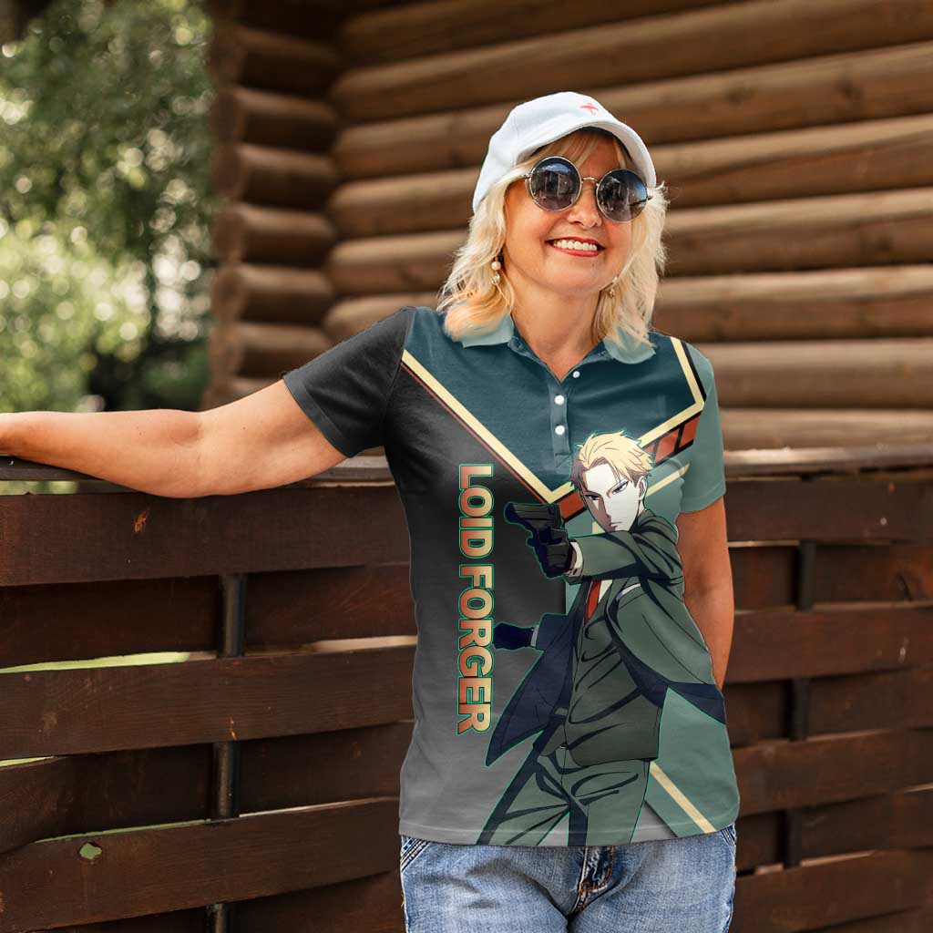 Loid Forger Spy x Family Green and Black Theme Women Polo Shirt with Gun Pose and Sharp Agent Style Design - The Mazicc