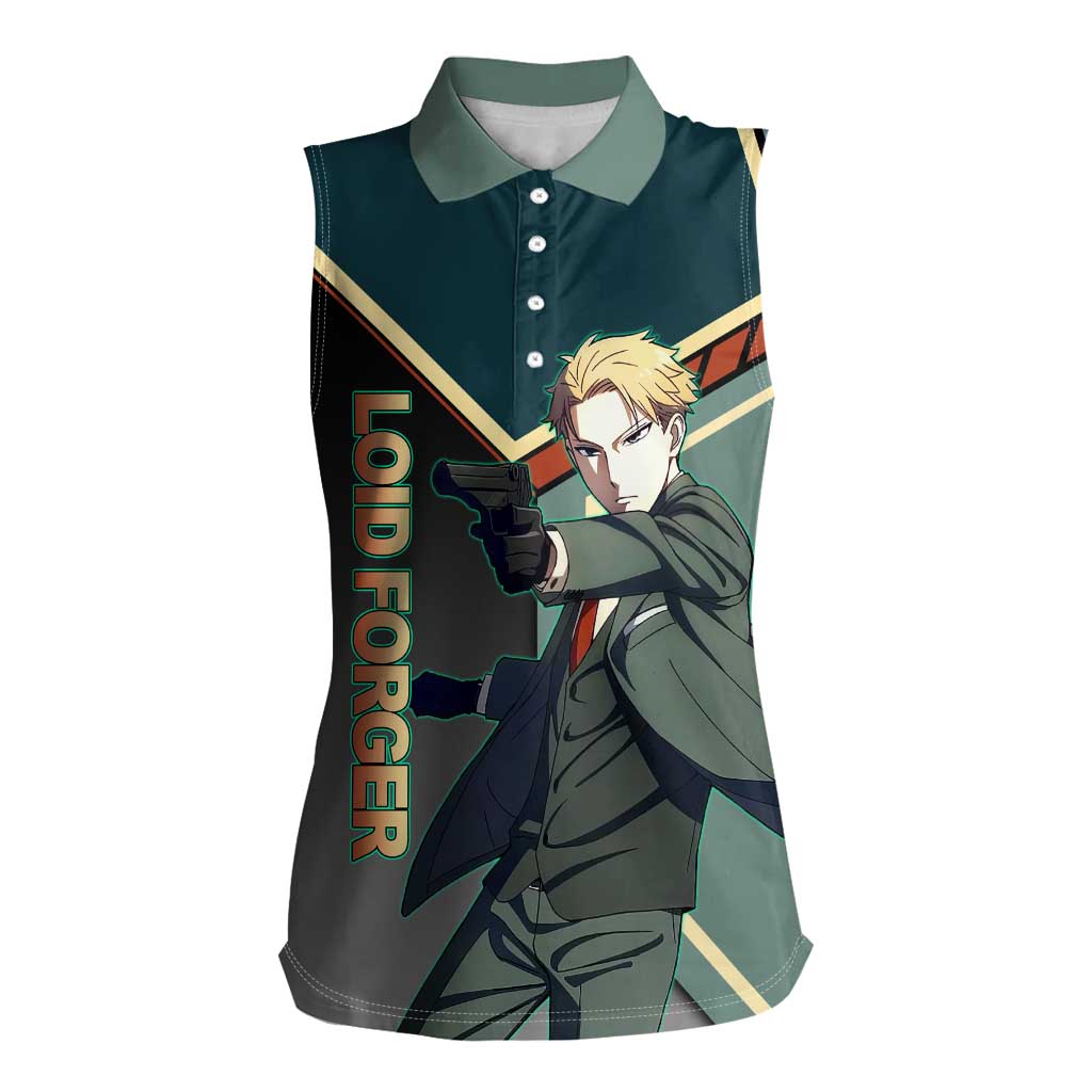 Loid Forger Spy x Family Green and Black Theme Women Sleeveless Polo Shirt with Gun Pose and Sharp Agent Style Design - The Mazicc