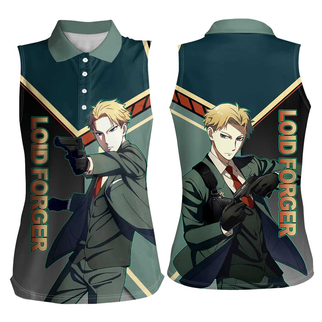 Loid Forger Spy x Family Green and Black Theme Women Sleeveless Polo Shirt with Gun Pose and Sharp Agent Style Design - The Mazicc